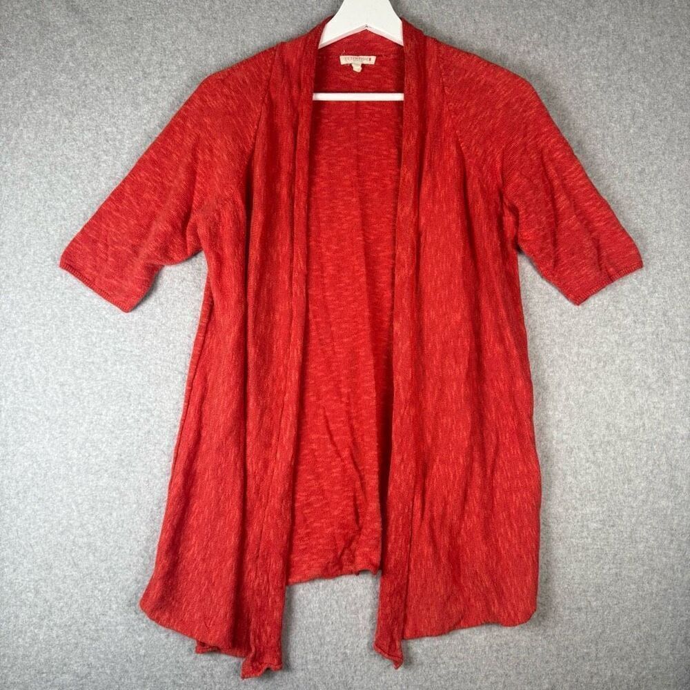 Eileen Fisher Womens Size Petite Medium Open Front Sweater Red Short Sleeve